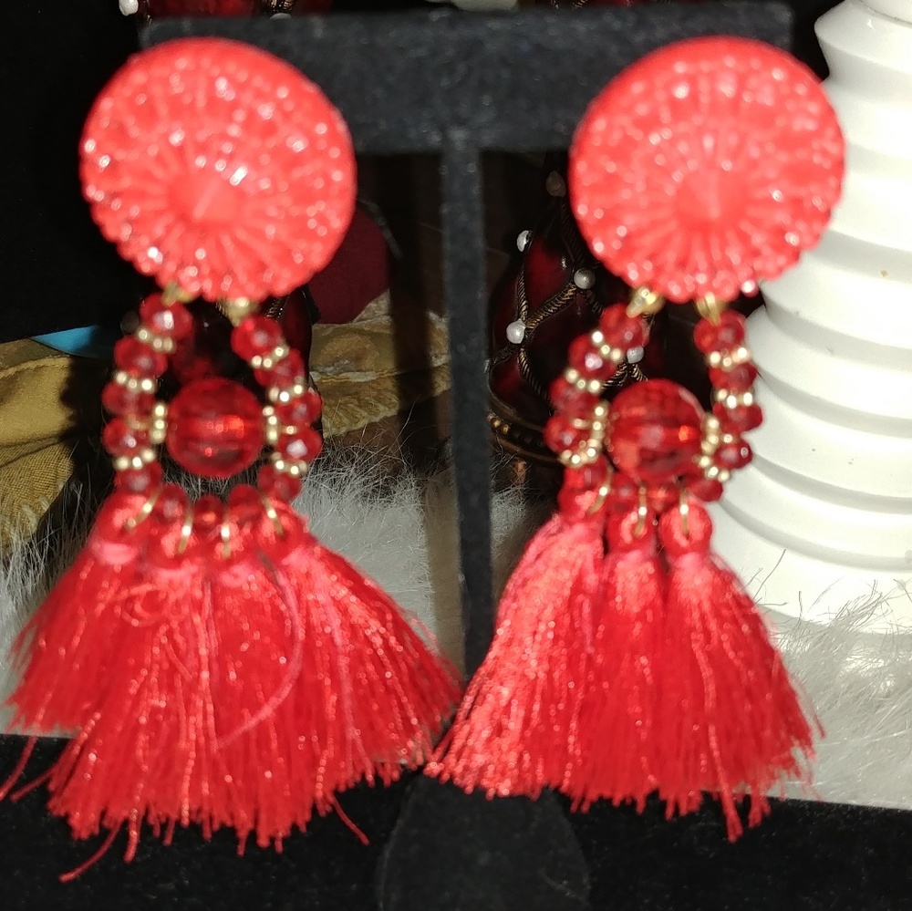 Red tassel large dangling earrings